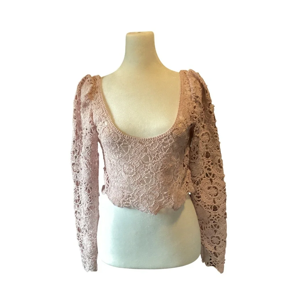 Zara Womens Coquette Floral‎ Crochet Lace Long Sleeve Crop Top S Pink Milkmaid